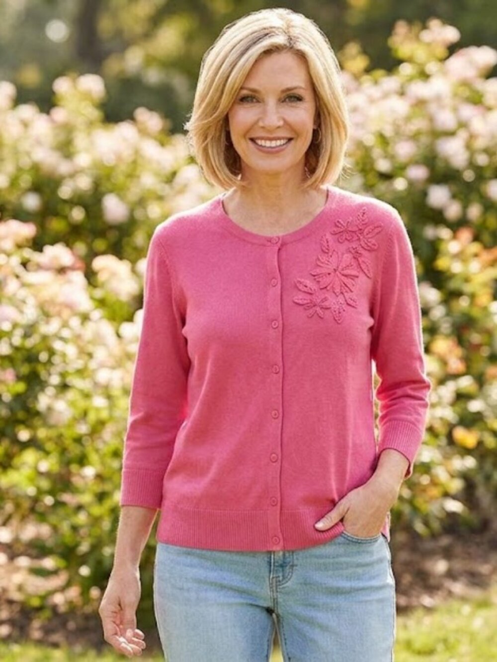 Christopher & Banks Pink Floral Appliqué Button-Up Cardigan Sweater XL
